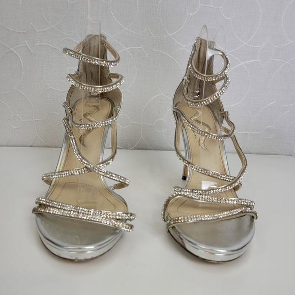 Nina Womens Heels Size 10 Silver Rhinestone Strappy Gladiator Back Zip - Picture 2 of 12